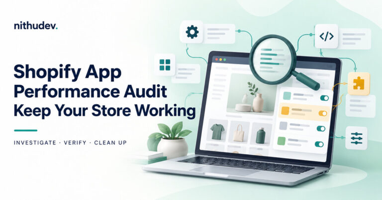 Shopify app performance audit illustration with a storefront, connected app tiles and diagnostic magnifier