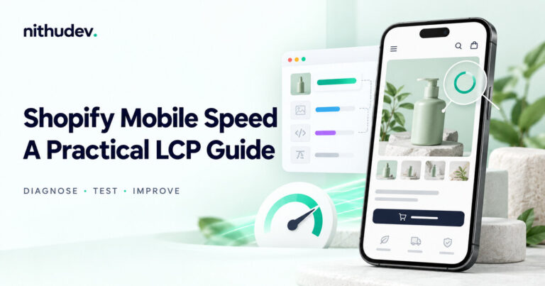 Shopify mobile speed and LCP guide with an illustrated mobile storefront and loading diagnostic tools